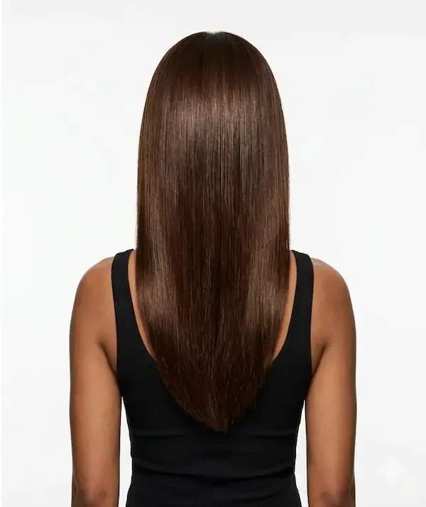 Woman with sleek, shiny brown hair, showcasing a smooth finish after a Brazilian Blowout treatment